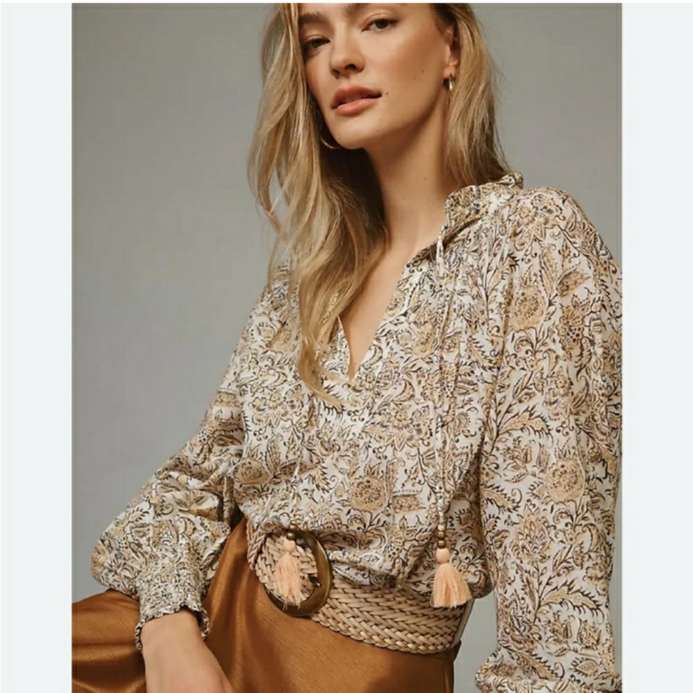 Anthropologie Size Small Floral Peasant Blouse With Tassels In Cream And Peach